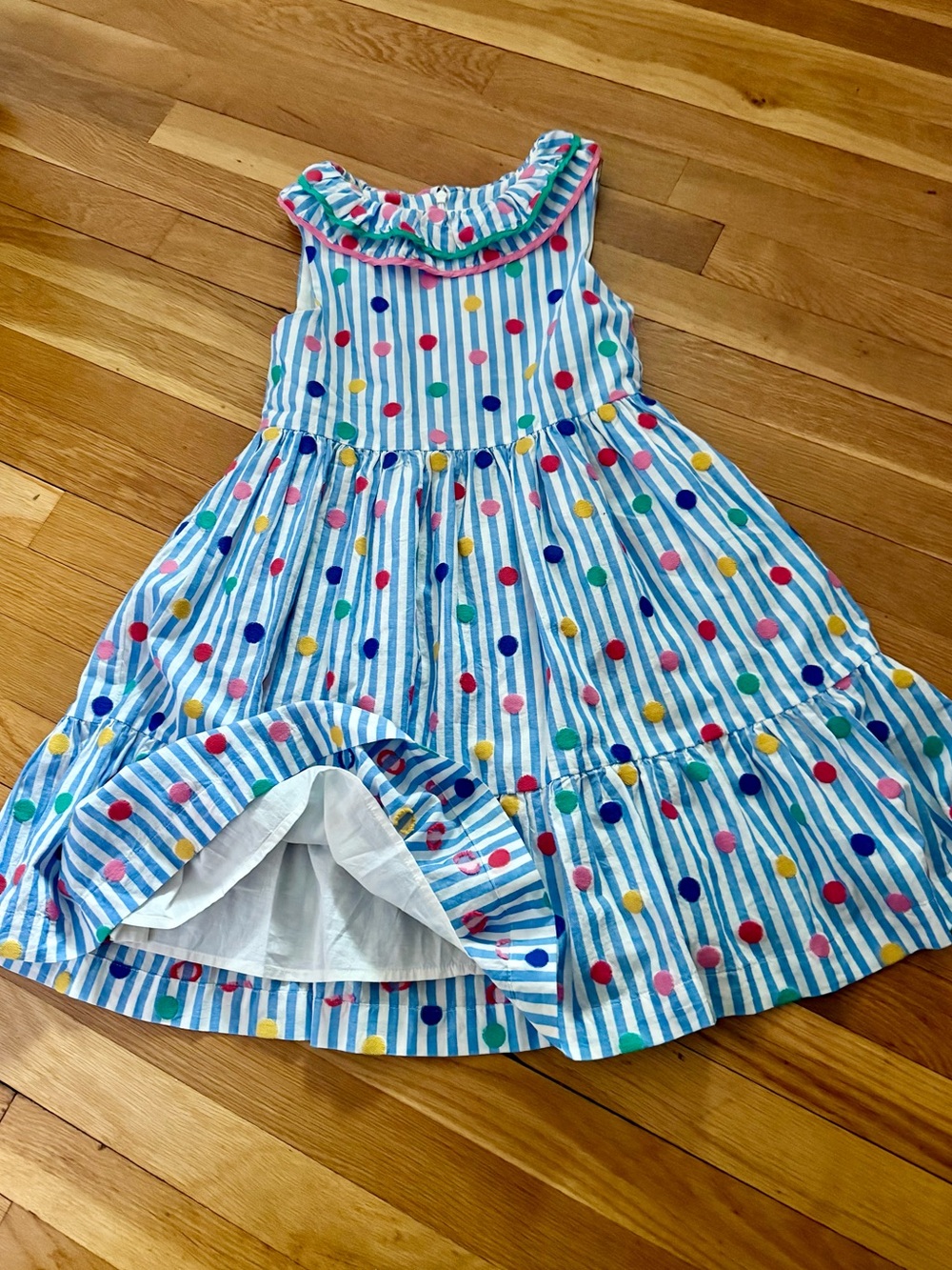 Mini Boden 9-10Y Ruffle Neck Sleeveless Woven Dress Peacock Plume Blue Spot